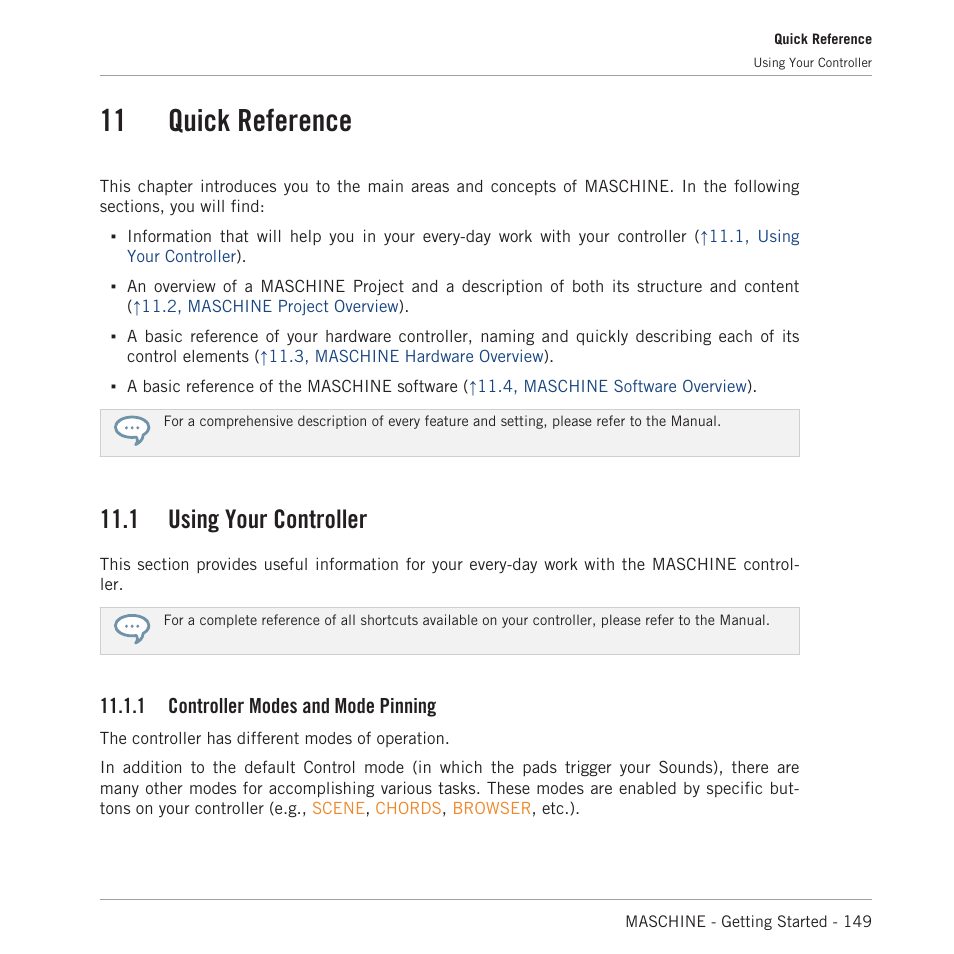 Quick reference, Using your controller, Controller modes and mode pinning | 11 quick reference, 11, quick reference, 1 using your controller, 1 controller modes and mode pinning | Native Instruments MASCHINE MK3 Groove Production Studio (Black) User Manual | Page 149 / 209
