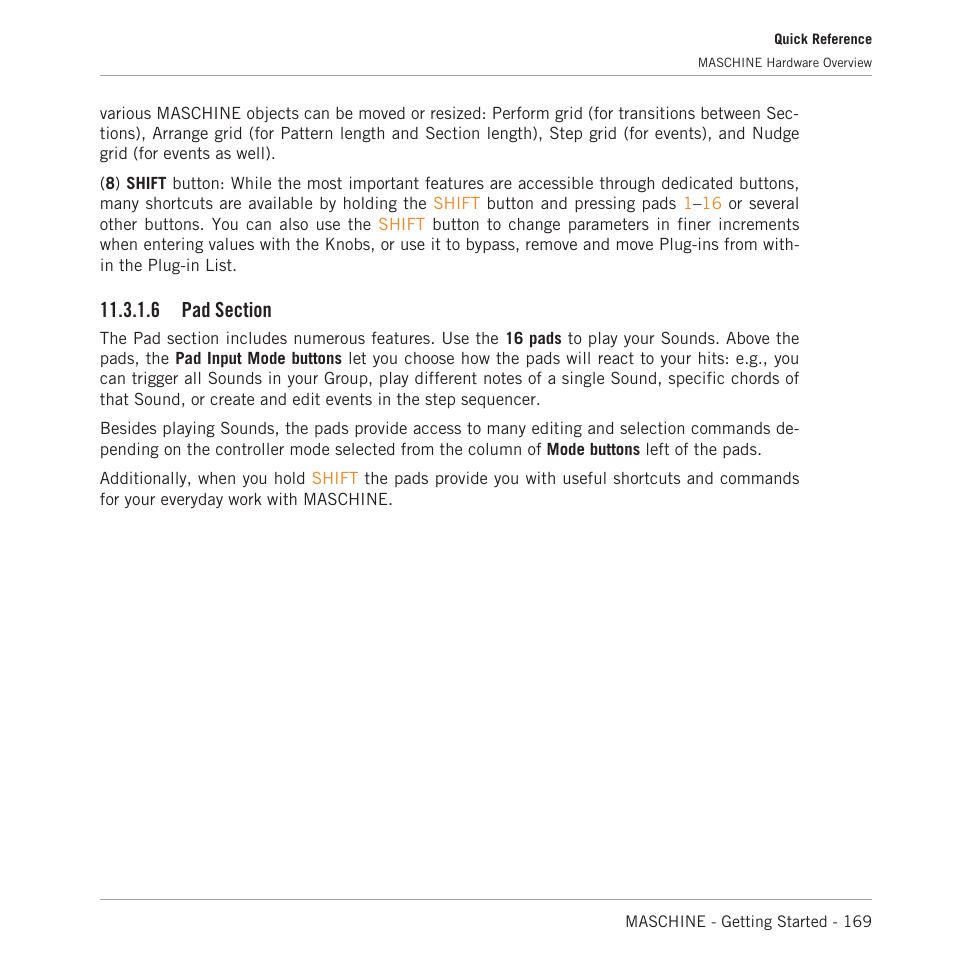 Pad section, 6 pad section, 6, pad section | Native Instruments MASCHINE MK3 Groove Production Studio (Black) User Manual | Page 169 / 209