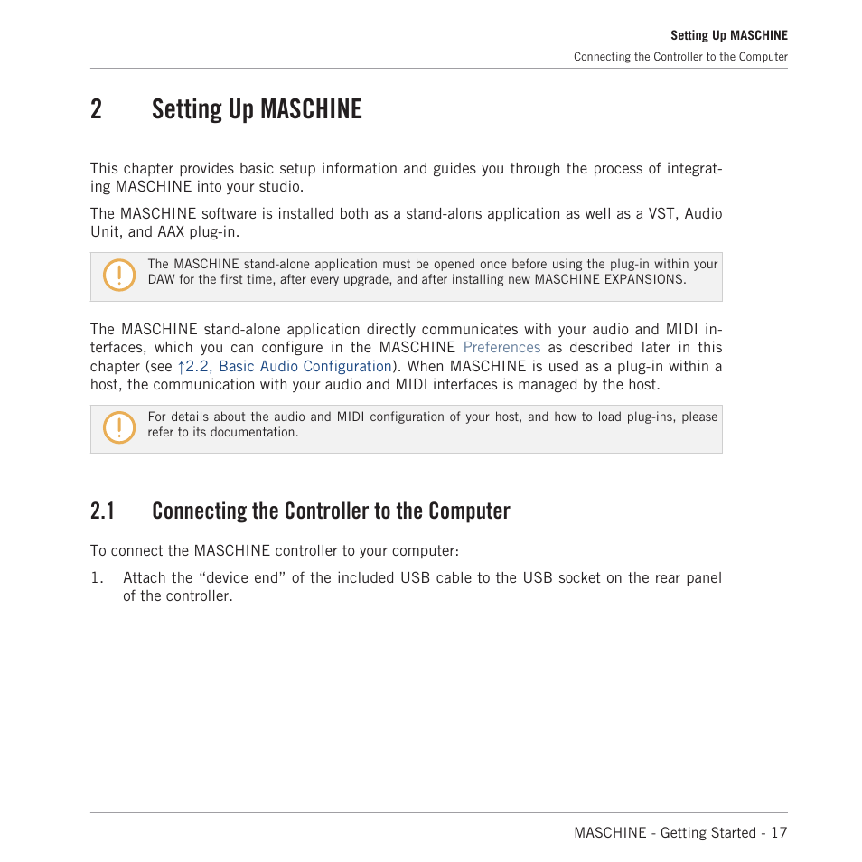 Setting up maschine, Connecting the controller to the computer, 2, setting up ma | Schine, 2setting up maschine, 1 connecting the controller to the computer | Native Instruments MASCHINE MK3 Groove Production Studio (Black) User Manual | Page 17 / 209