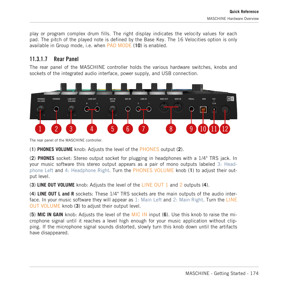 Rear panel, 7 rear panel | Native Instruments MASCHINE MK3 Groove Production Studio (Black) User Manual | Page 174 / 209