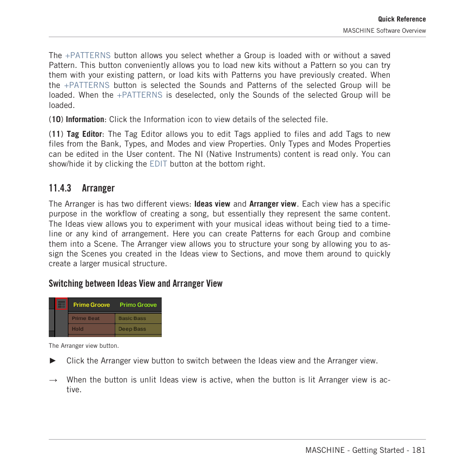 Arranger, 3 arranger, Switching between ideas view and arranger view | Native Instruments MASCHINE MK3 Groove Production Studio (Black) User Manual | Page 181 / 209