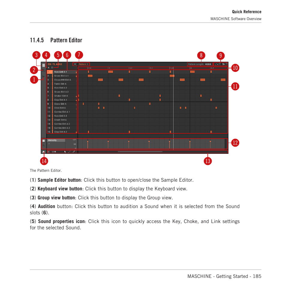 Pattern editor, 5, pattern editor, 5 pattern editor | Native Instruments MASCHINE MK3 Groove Production Studio (Black) User Manual | Page 185 / 209