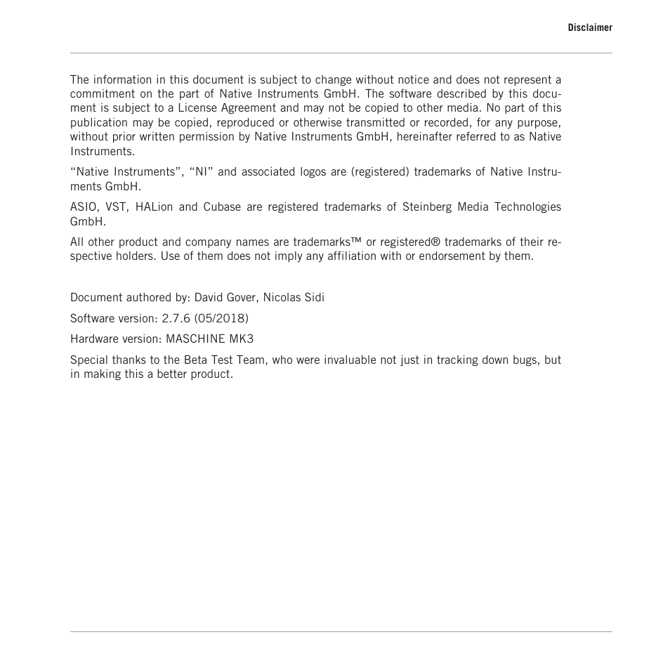 Disclaimer | Native Instruments MASCHINE MK3 Groove Production Studio (Black) User Manual | Page 2 / 209