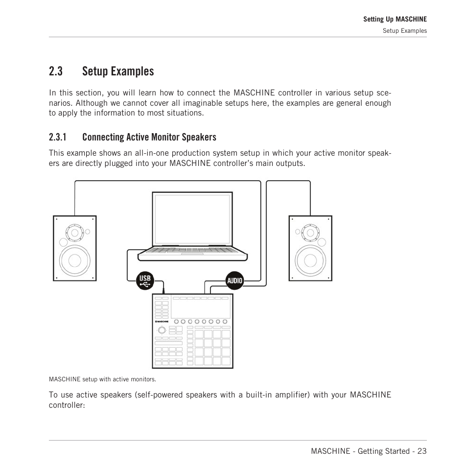 Setup examples, Connecting active monitor speakers, 3 setup examples | 1 connecting active monitor speakers | Native Instruments MASCHINE MK3 Groove Production Studio (Black) User Manual | Page 23 / 209