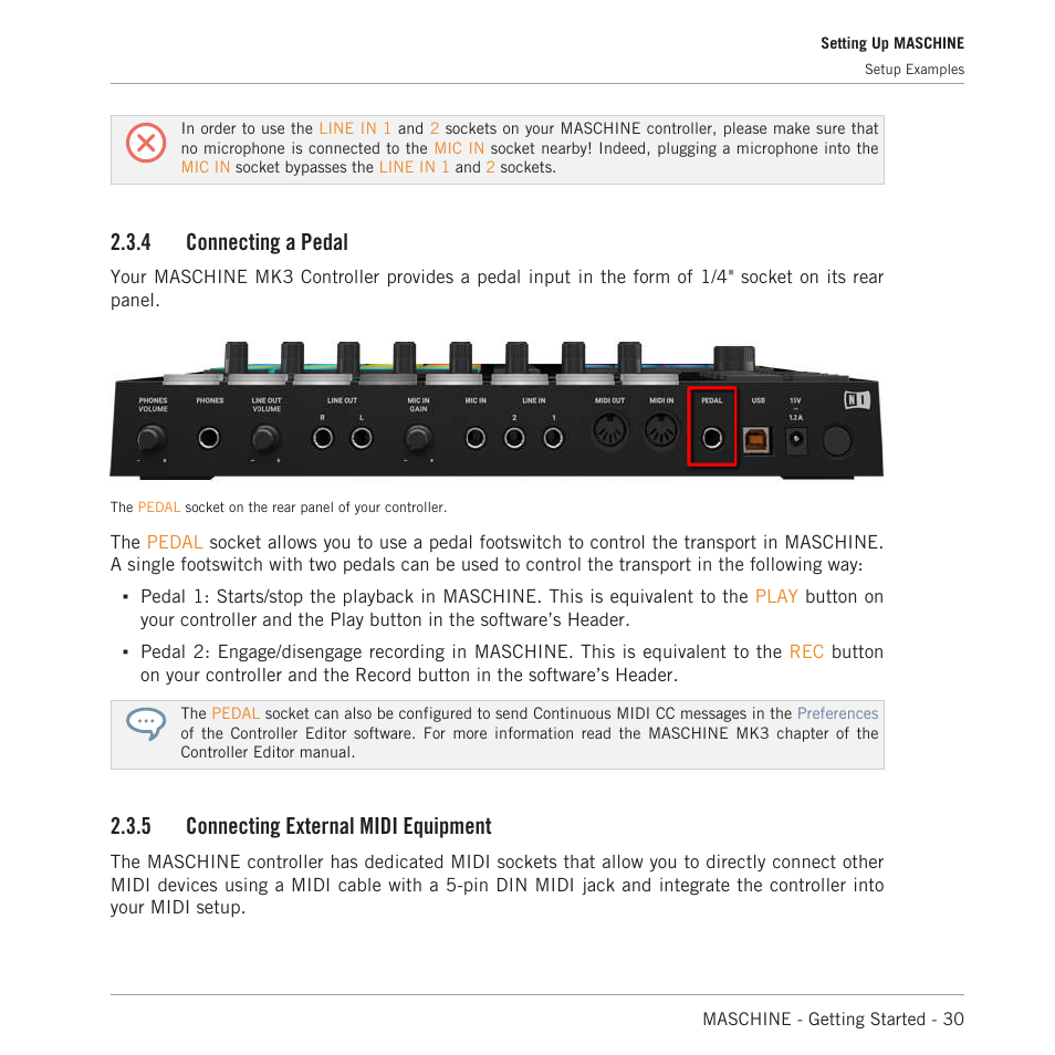 Connecting a pedal, Connecting external midi equipment, 4 connecting a pedal | 5 connecting external midi equipment | Native Instruments MASCHINE MK3 Groove Production Studio (Black) User Manual | Page 30 / 209
