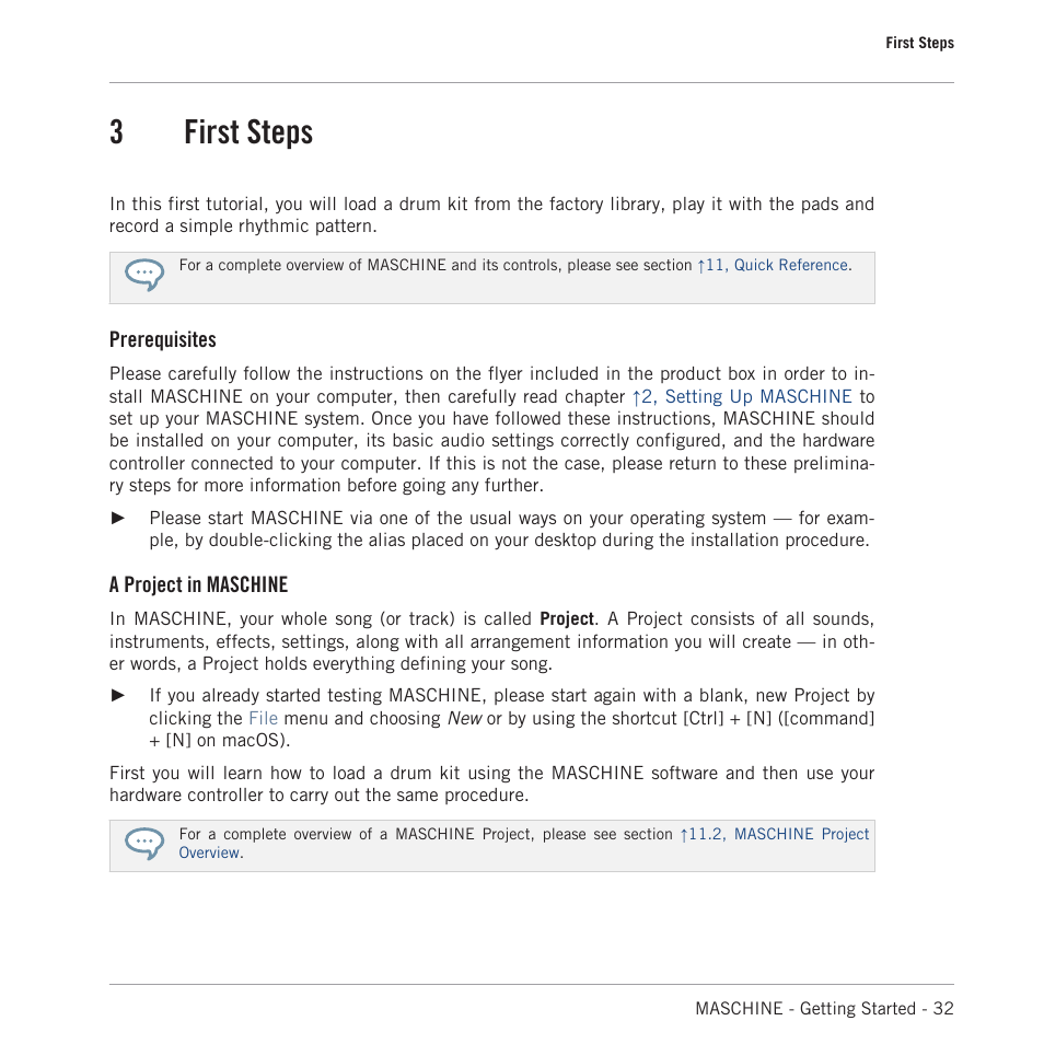 First steps, 3, first steps, 3first steps | Prerequisites, A project in maschine | Native Instruments MASCHINE MK3 Groove Production Studio (Black) User Manual | Page 32 / 209