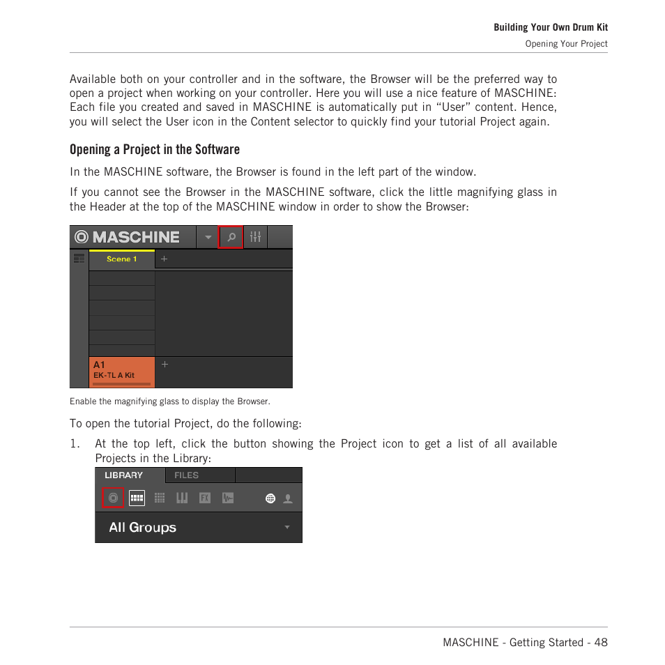 Opening a project in the software | Native Instruments MASCHINE MK3 Groove Production Studio (Black) User Manual | Page 48 / 209