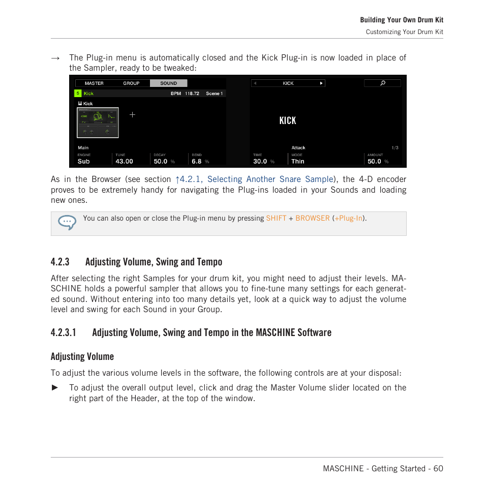 Adjusting volume, swing and tempo, 3 adjusting volume, swing and tempo, Adjusting volume | Native Instruments MASCHINE MK3 Groove Production Studio (Black) User Manual | Page 60 / 209