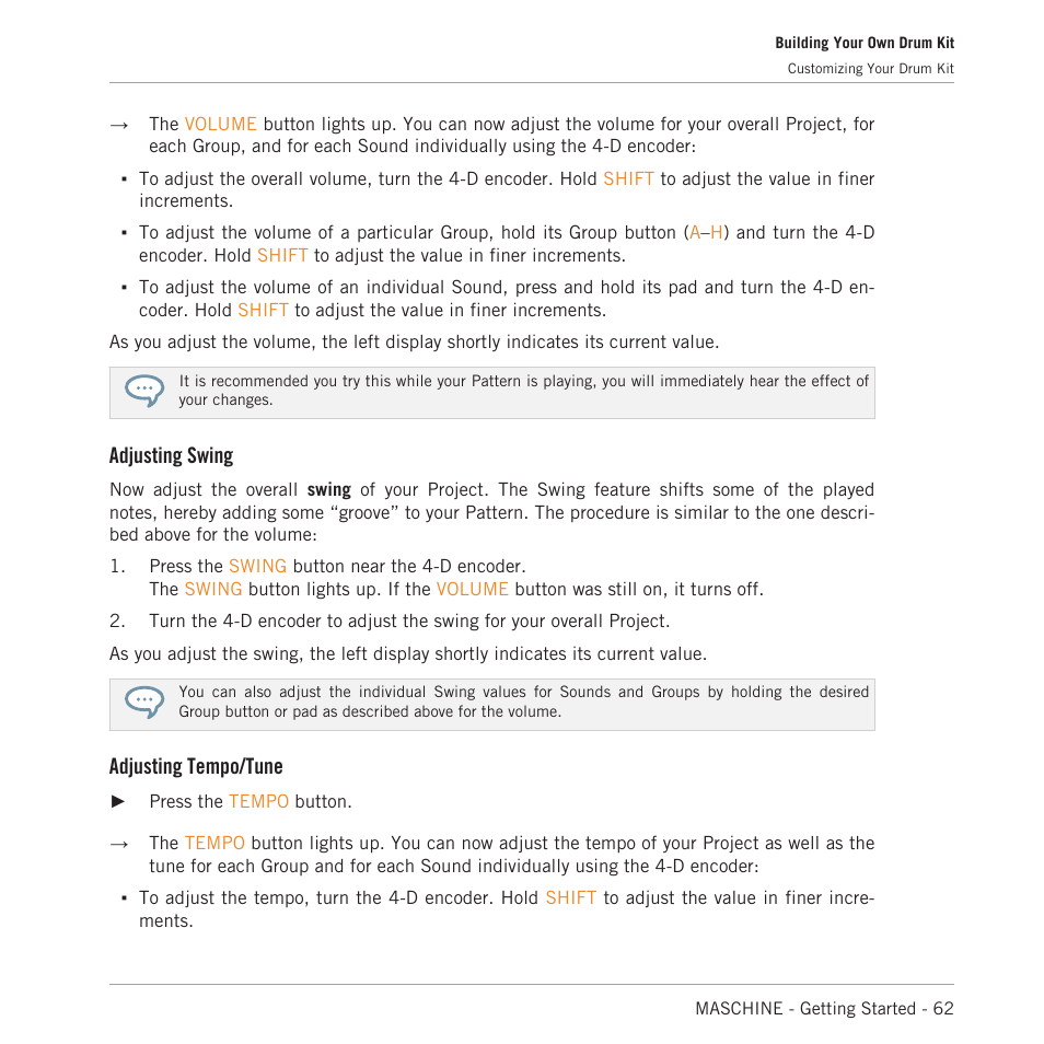 Adjusting swing, Adjusting tempo/tune | Native Instruments MASCHINE MK3 Groove Production Studio (Black) User Manual | Page 62 / 209