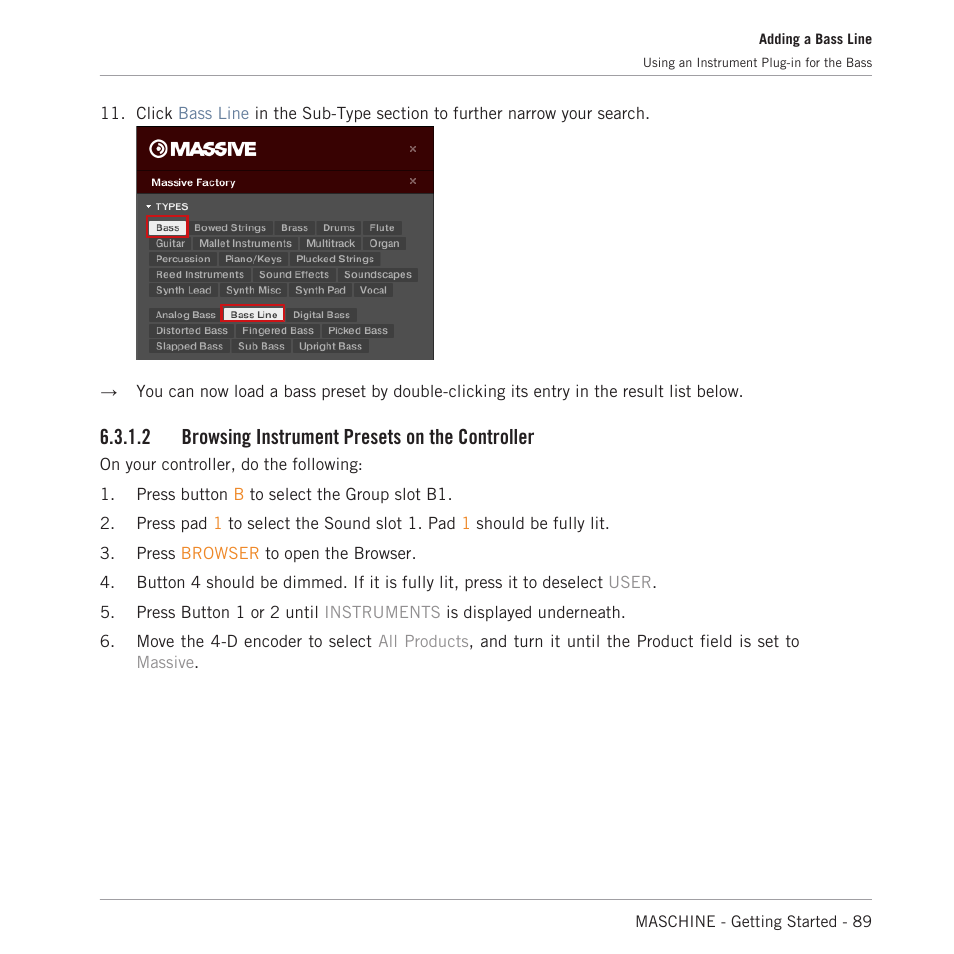 Browsing instrument presets on the controller, 2 browsing instrument presets on the controller | Native Instruments MASCHINE MK3 Groove Production Studio (Black) User Manual | Page 89 / 209