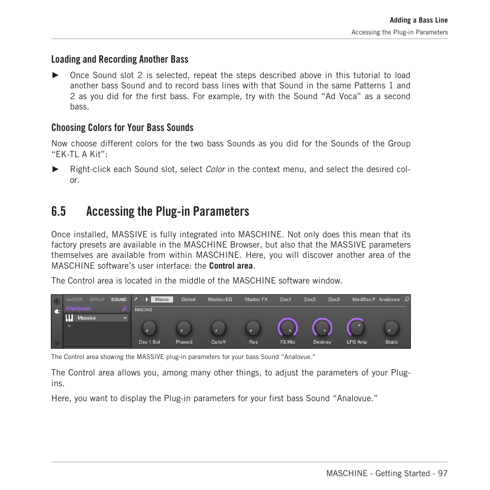 Accessing the plug-in parameters, 5 accessing the plug-in parameters, Loading and recording another bass | Choosing colors for your bass sounds | Native Instruments MASCHINE MK3 Groove Production Studio (Black) User Manual | Page 97 / 209