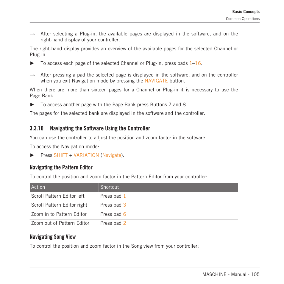 Navigating the software using the controller, 10 navigating the software using the controller, Navigating the pattern editor | Navigating song view | Native Instruments MASCHINE MK3 Groove Production Studio (Black) User Manual | Page 105 / 976