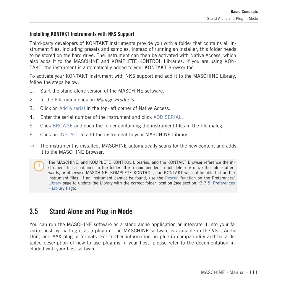 Stand-alone and plug-in mode, 5 stand-alone and plug-in mode, Installing kontakt instruments with nks support | Native Instruments MASCHINE MK3 Groove Production Studio (Black) User Manual | Page 111 / 976