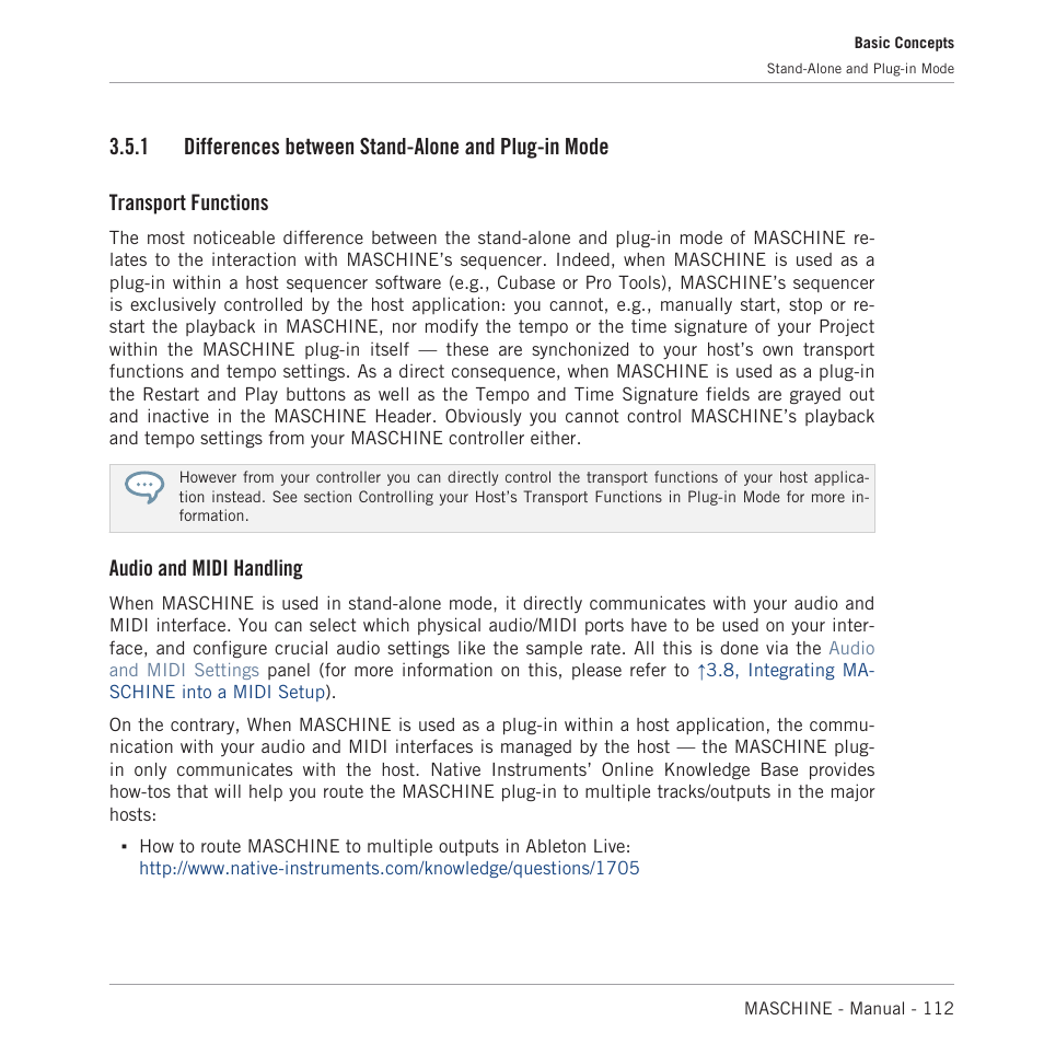 Differences between stand-alone and plug-in mode, 1 differences between stand-alone and plug-in mode, Transport functions | Audio and midi handling | Native Instruments MASCHINE MK3 Groove Production Studio (Black) User Manual | Page 112 / 976