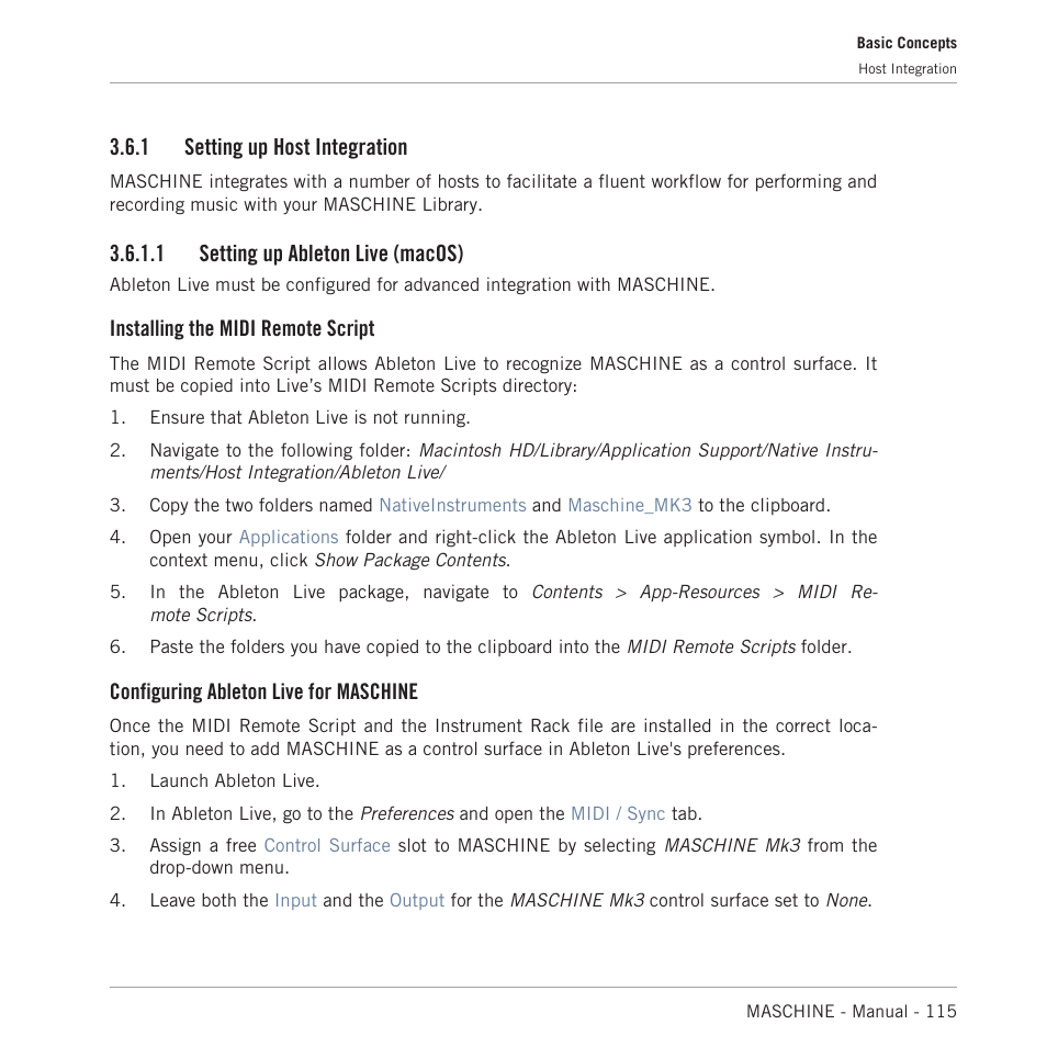 Setting up host integration, Setting up ableton live (macos), 1 setting up host integration | 1 setting up ableton live (macos), Installing the midi remote script, Configuring ableton live for maschine | Native Instruments MASCHINE MK3 Groove Production Studio (Black) User Manual | Page 115 / 976