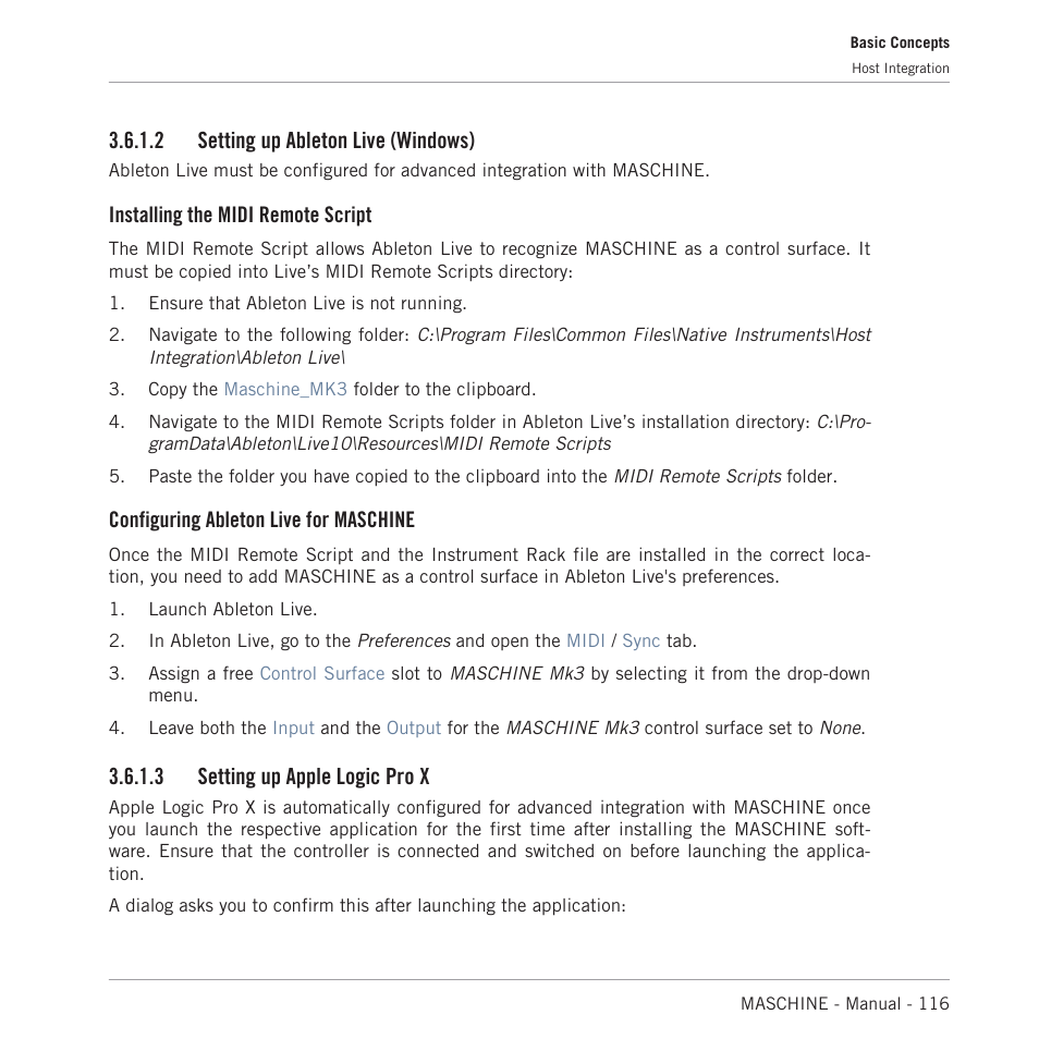 Setting up ableton live (windows), Setting up apple logic pro x, 2 setting up ableton live (windows) | Installing the midi remote script, Configuring ableton live for maschine, 3 setting up apple logic pro x | Native Instruments MASCHINE MK3 Groove Production Studio (Black) User Manual | Page 116 / 976