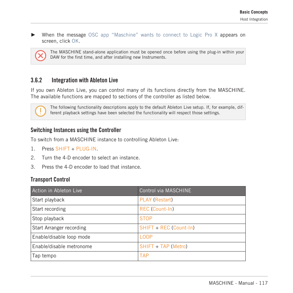 Integration with ableton live, 2 integration with ableton live, Switching instances using the controller | Transport control | Native Instruments MASCHINE MK3 Groove Production Studio (Black) User Manual | Page 117 / 976