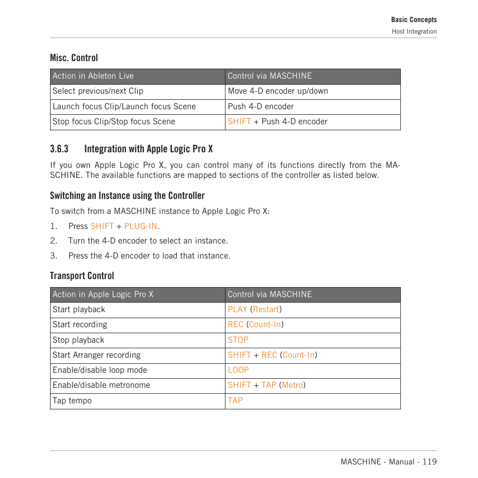 Integration with apple logic pro x, Misc. control, 3 integration with apple logic pro x | Switching an instance using the controller, Transport control | Native Instruments MASCHINE MK3 Groove Production Studio (Black) User Manual | Page 119 / 976