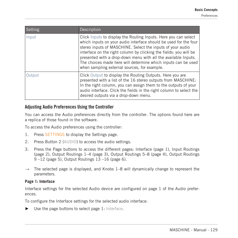 Adjusting audio preferences using the controller | Native Instruments MASCHINE MK3 Groove Production Studio (Black) User Manual | Page 129 / 976