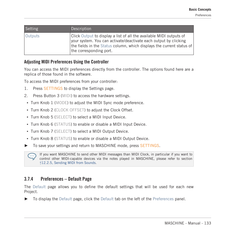 Adjusting midi preferences using the controller, 4 preferences – default page | Native Instruments MASCHINE MK3 Groove Production Studio (Black) User Manual | Page 133 / 976