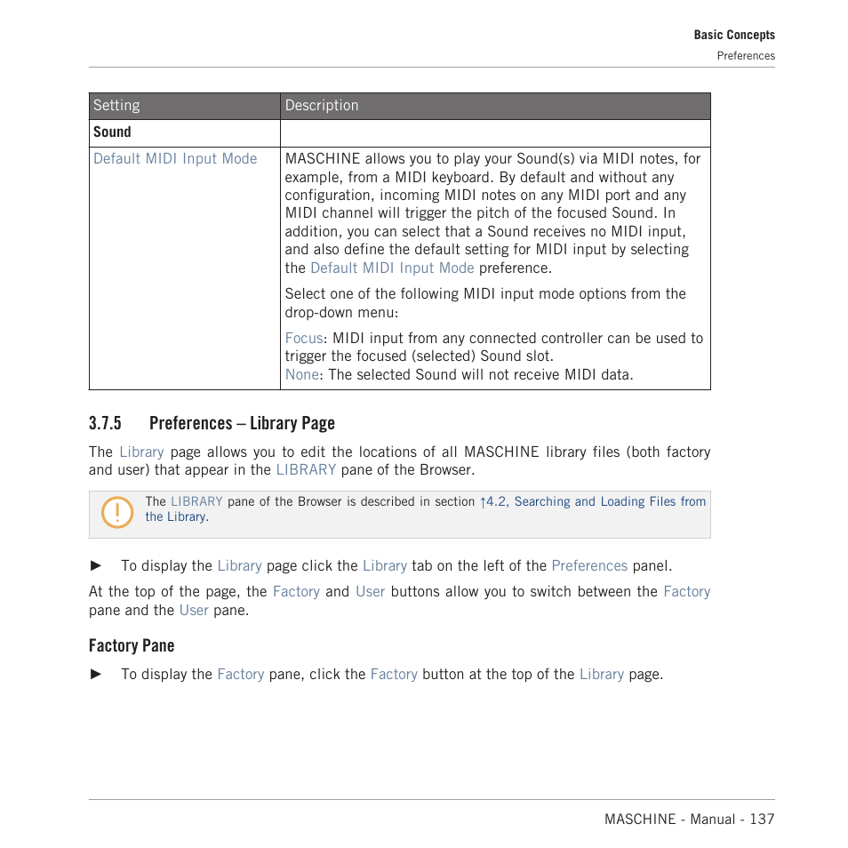 5 preferences – library page, Factory pane | Native Instruments MASCHINE MK3 Groove Production Studio (Black) User Manual | Page 137 / 976