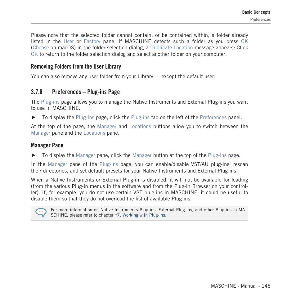 More plug-ins" error. for more information, see, Removing folders from the user library, 6 preferences – plug-ins page | Manager pane | Native Instruments MASCHINE MK3 Groove Production Studio (Black) User Manual | Page 145 / 976