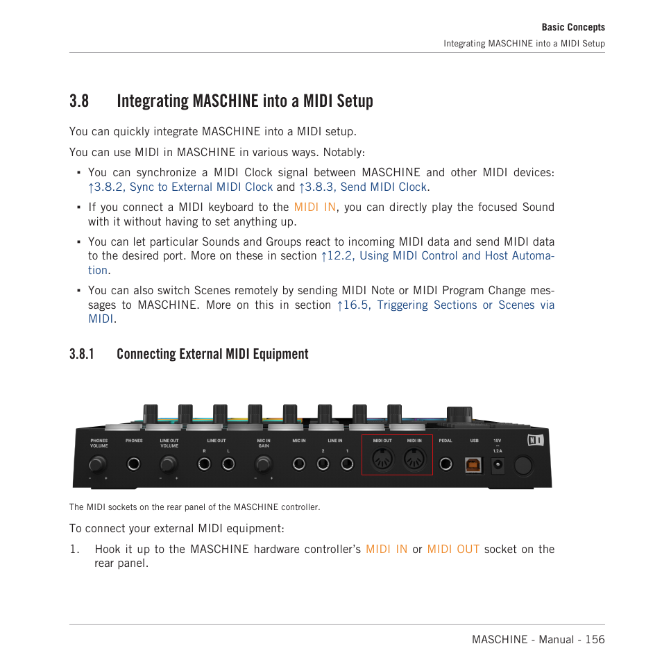 Integrating maschine into a midi setup, Connecting external midi equipment, 8 integrating maschine into a midi setup | 1 connecting external midi equipment | Native Instruments MASCHINE MK3 Groove Production Studio (Black) User Manual | Page 156 / 976