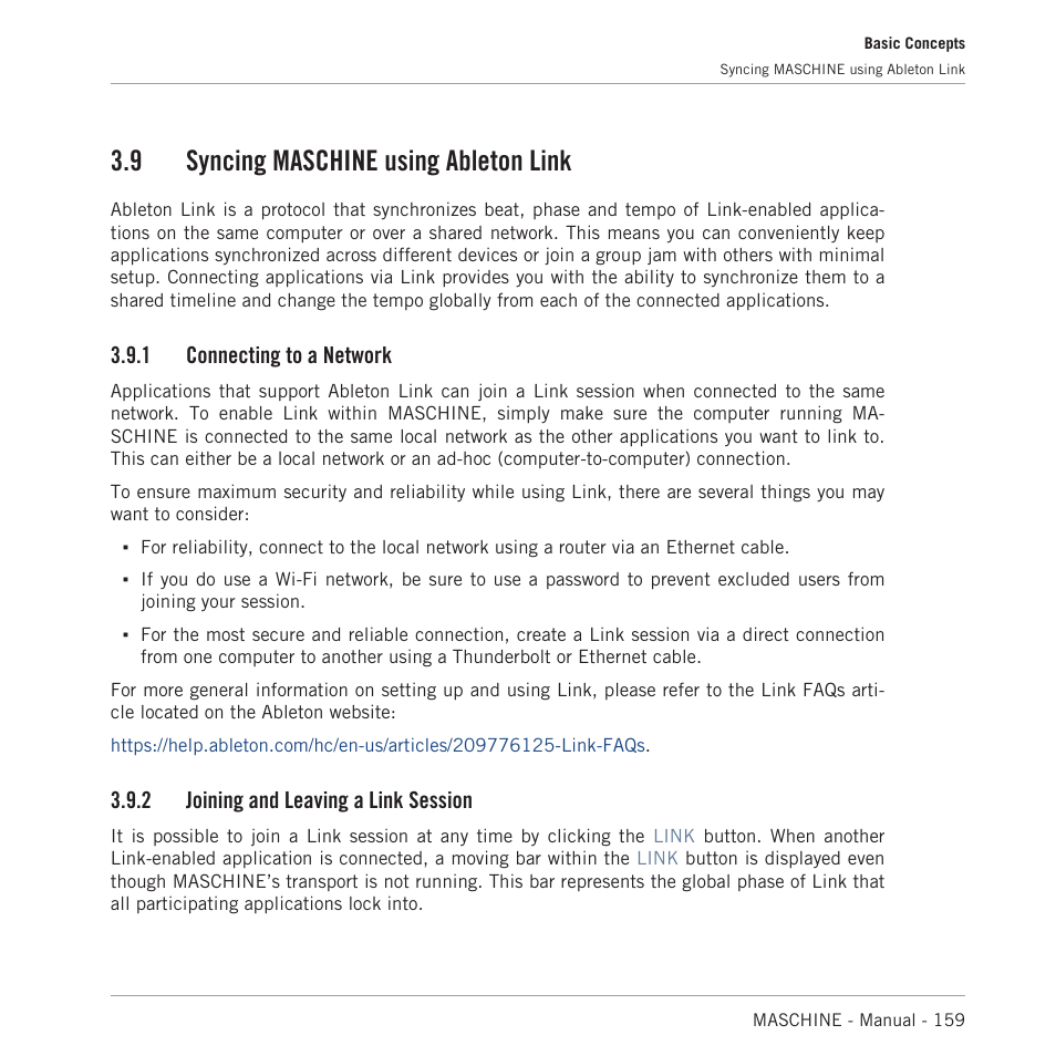 Syncing maschine using ableton link, Connecting to a network, Joining and leaving a link session | Link please refer to section, 9, syncing maschine using, Ableton link, 9 syncing maschine using ableton link, 1 connecting to a network, 2 joining and leaving a link session | Native Instruments MASCHINE MK3 Groove Production Studio (Black) User Manual | Page 159 / 976