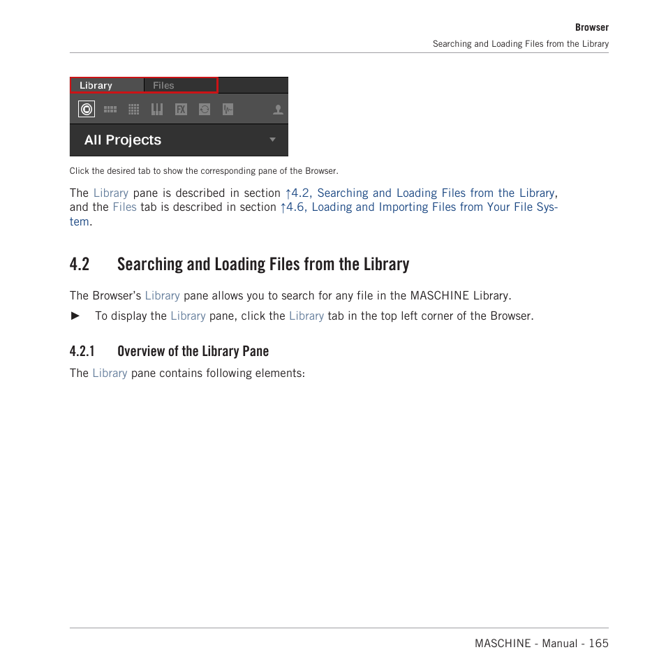 Searching and loading files from the library, Overview of the library pane, 2, searching and | Loading files from the library, 2 searching and loading files from the library, 1 overview of the library pane | Native Instruments MASCHINE MK3 Groove Production Studio (Black) User Manual | Page 165 / 976