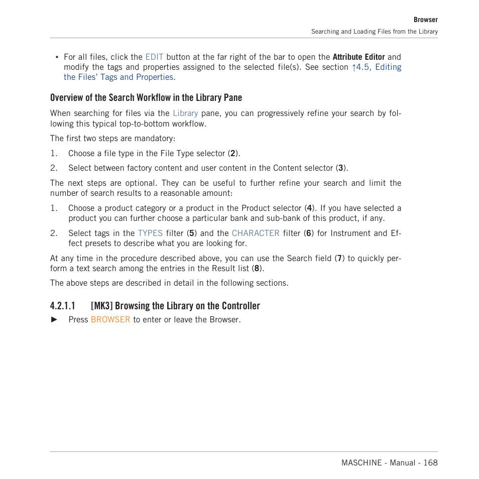 Mk3] browsing the library on the controller, 1 [mk3] browsing the library on the controller | Native Instruments MASCHINE MK3 Groove Production Studio (Black) User Manual | Page 168 / 976