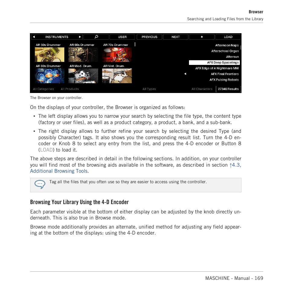 Browsing your library using the 4-d encoder | Native Instruments MASCHINE MK3 Groove Production Studio (Black) User Manual | Page 169 / 976