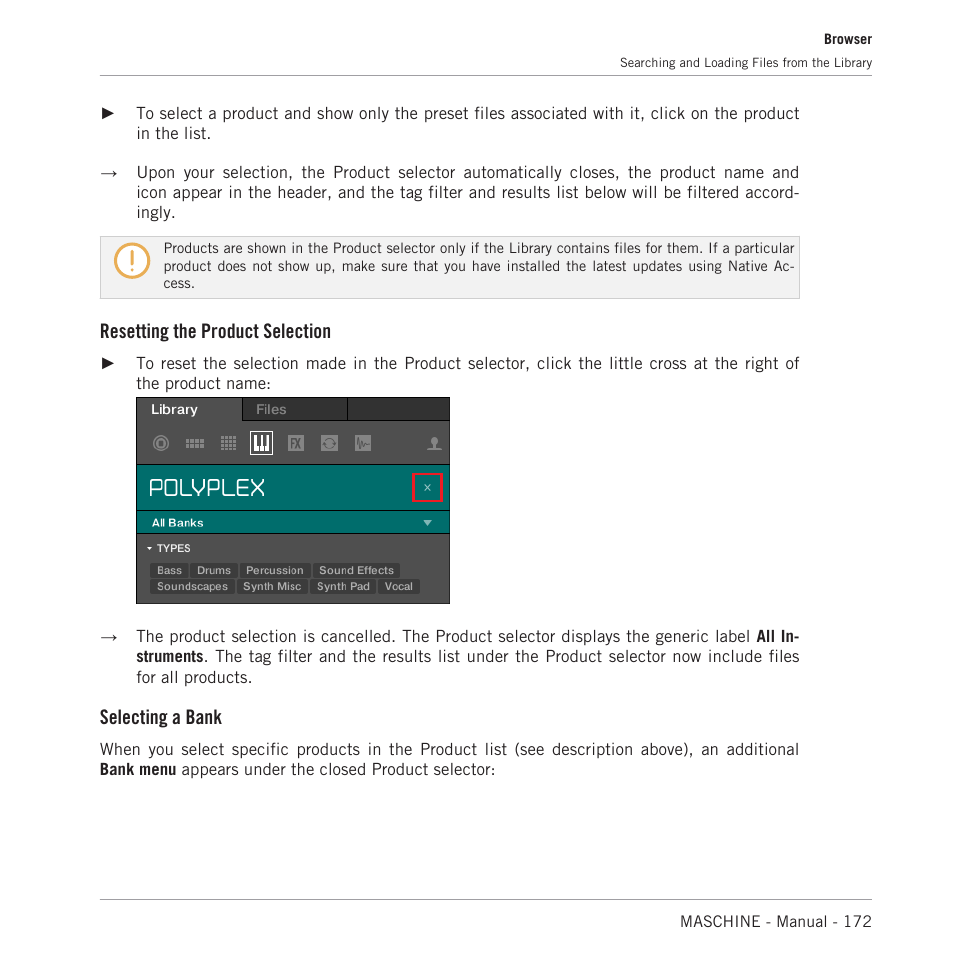 Resetting the product selection, Selecting a bank | Native Instruments MASCHINE MK3 Groove Production Studio (Black) User Manual | Page 172 / 976