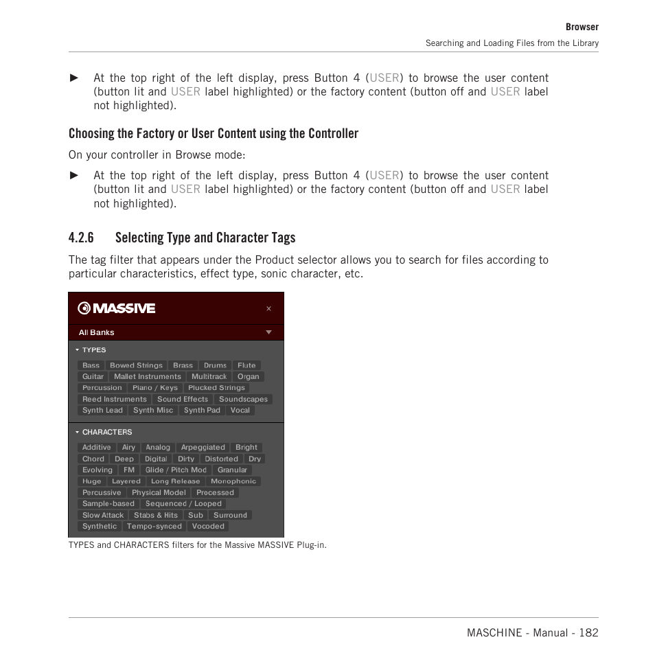 Selecting type and character tags, 6, selecting, Type and character tags | Section, 6, selecting type and character tags, Applied character tags. see section, 6 selecting type and character tags | Native Instruments MASCHINE MK3 Groove Production Studio (Black) User Manual | Page 182 / 976