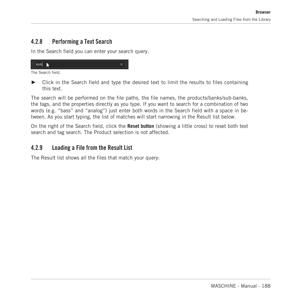 Performing a text search, Loading a file from the result list, 8, performing a text search | Ous tools above. see section, 9, loading a file from the result list, 8 performing a text search, 9 loading a file from the result list | Native Instruments MASCHINE MK3 Groove Production Studio (Black) User Manual | Page 188 / 976