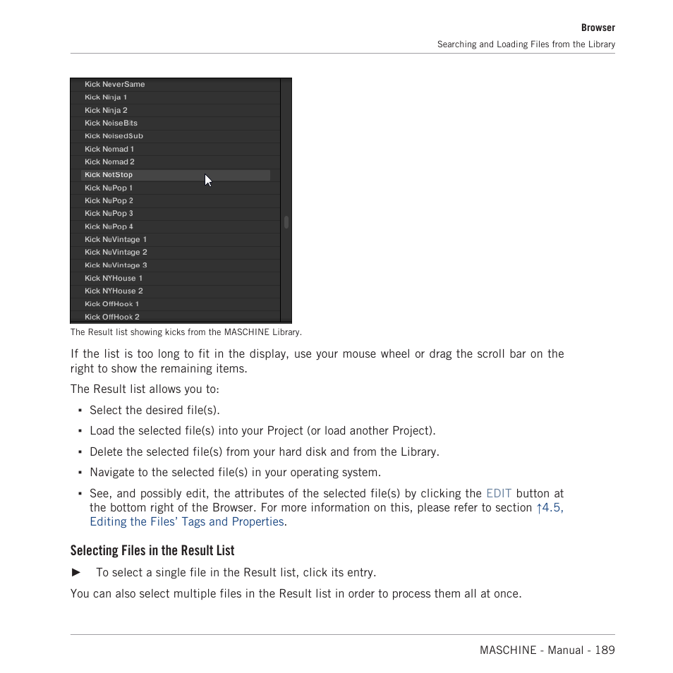 Selecting files in the result list | Native Instruments MASCHINE MK3 Groove Production Studio (Black) User Manual | Page 189 / 976