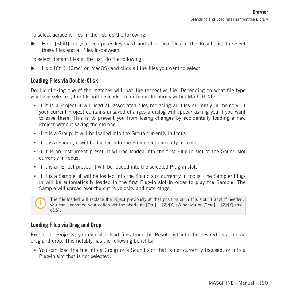 Loading files via double-click, Loading files via drag and drop | Native Instruments MASCHINE MK3 Groove Production Studio (Black) User Manual | Page 190 / 976