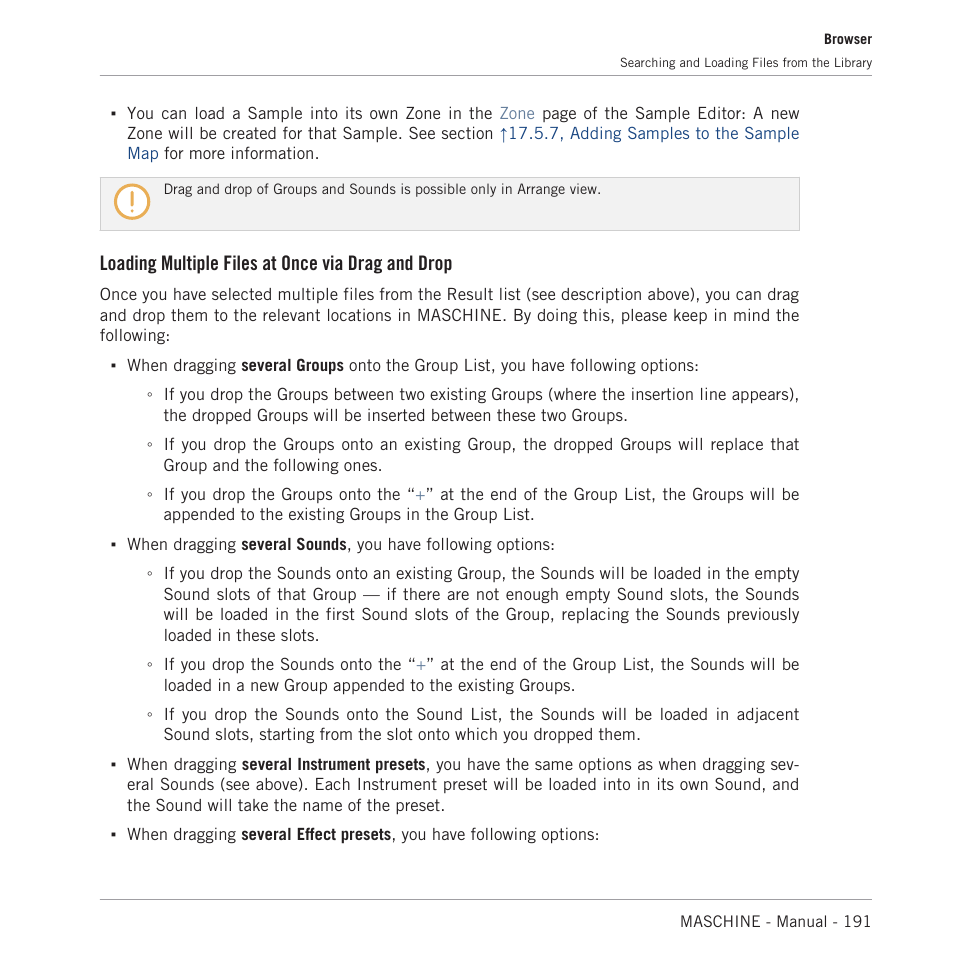 Loading multiple files at once via drag and drop | Native Instruments MASCHINE MK3 Groove Production Studio (Black) User Manual | Page 191 / 976