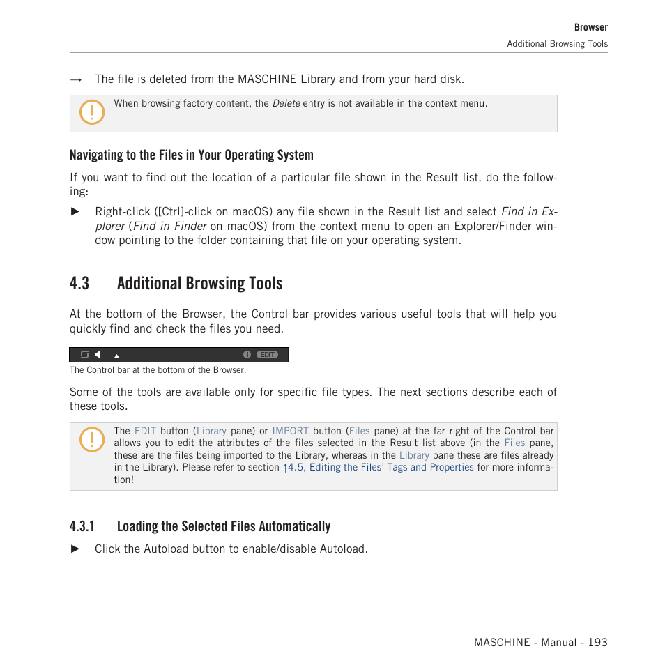 Additional browsing tools, Loading the selected files automatically, Project while it is playing. see section | 1, loading the selected files automatically, 3 additional browsing tools, Navigating to the files in your operating system, 1 loading the selected files automatically | Native Instruments MASCHINE MK3 Groove Production Studio (Black) User Manual | Page 193 / 976