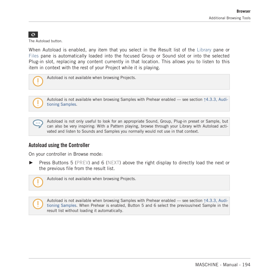 Autoload using the controller | Native Instruments MASCHINE MK3 Groove Production Studio (Black) User Manual | Page 194 / 976