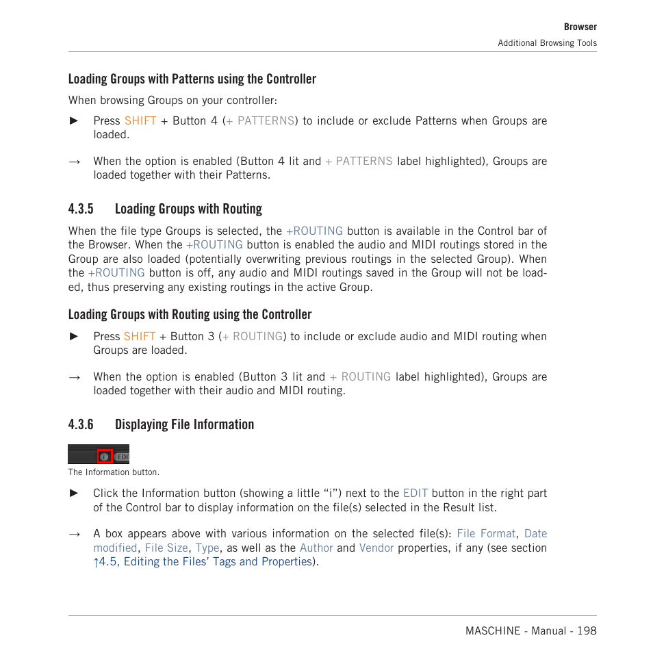 Loading groups with routing, Displaying file information, 6, displaying file informa | Tion, Loading groups with patterns using the controller, 5 loading groups with routing, Loading groups with routing using the controller, 6 displaying file information | Native Instruments MASCHINE MK3 Groove Production Studio (Black) User Manual | Page 198 / 976