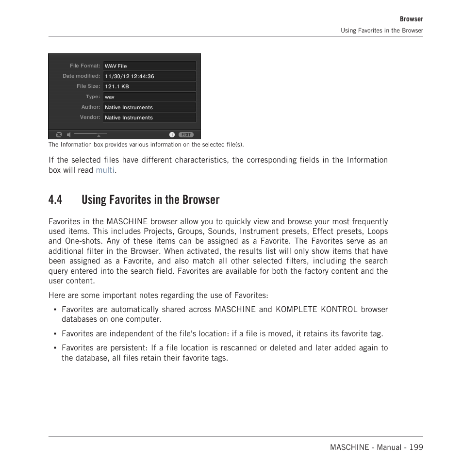 Using favorites in the browser, 4 using favorites in the browser | Native Instruments MASCHINE MK3 Groove Production Studio (Black) User Manual | Page 199 / 976