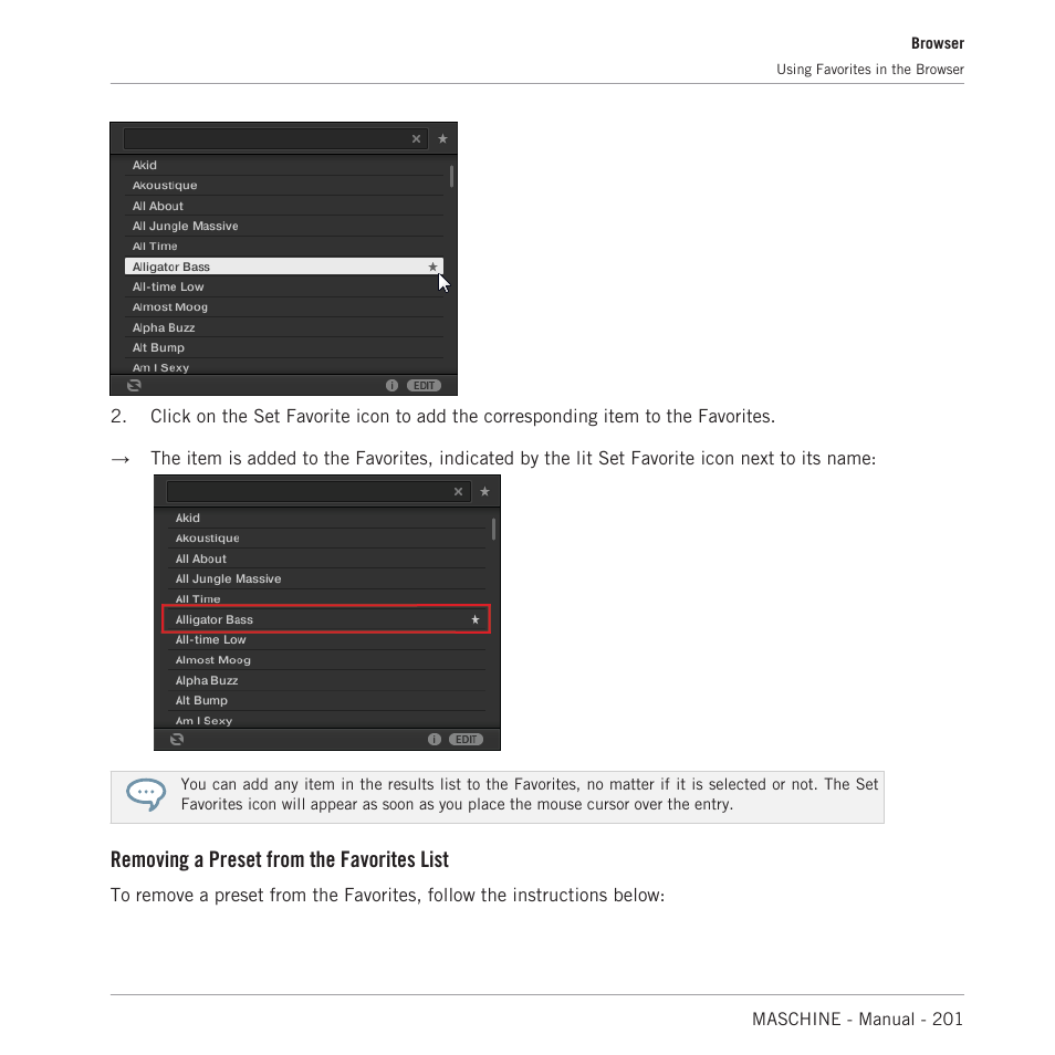 Removing a preset from the favorites list | Native Instruments MASCHINE MK3 Groove Production Studio (Black) User Manual | Page 201 / 976