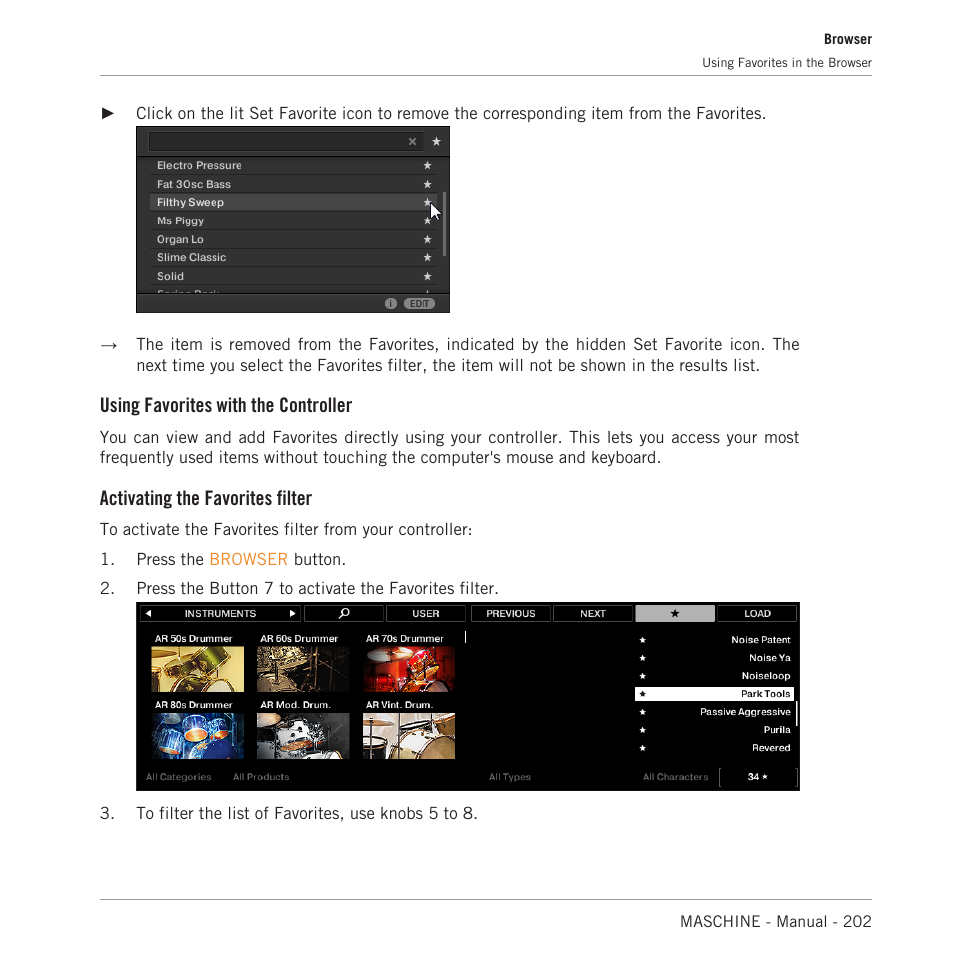 Using favorites with the controller, Activating the favorites filter | Native Instruments MASCHINE MK3 Groove Production Studio (Black) User Manual | Page 202 / 976