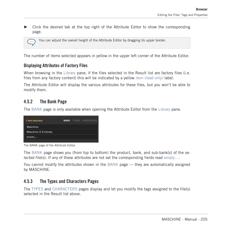 Displaying attributes of factory files, 2 the bank page, 3 the types and characters pages | Native Instruments MASCHINE MK3 Groove Production Studio (Black) User Manual | Page 205 / 976