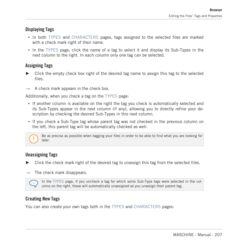 Displaying tags, Assigning tags, Unassigning tags | Creating new tags | Native Instruments MASCHINE MK3 Groove Production Studio (Black) User Manual | Page 207 / 976