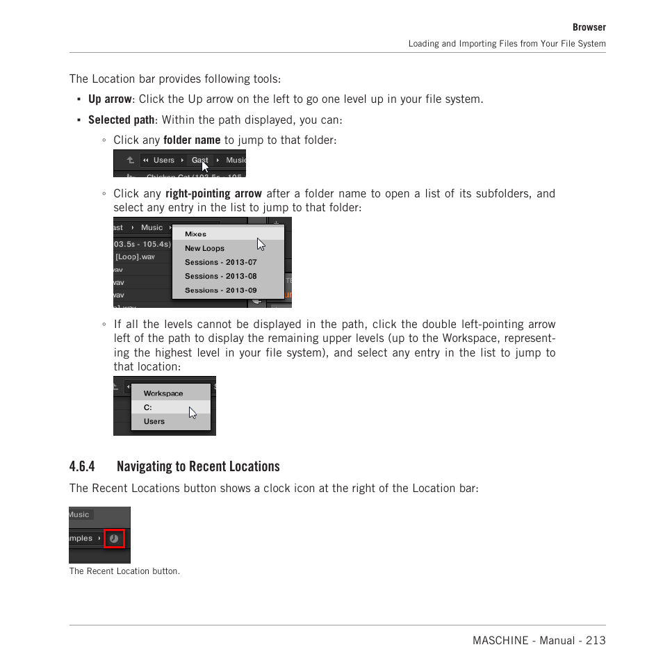 Navigating to recent locations, 4, navigating to recent locations, 4 navigating to recent locations | Native Instruments MASCHINE MK3 Groove Production Studio (Black) User Manual | Page 213 / 976