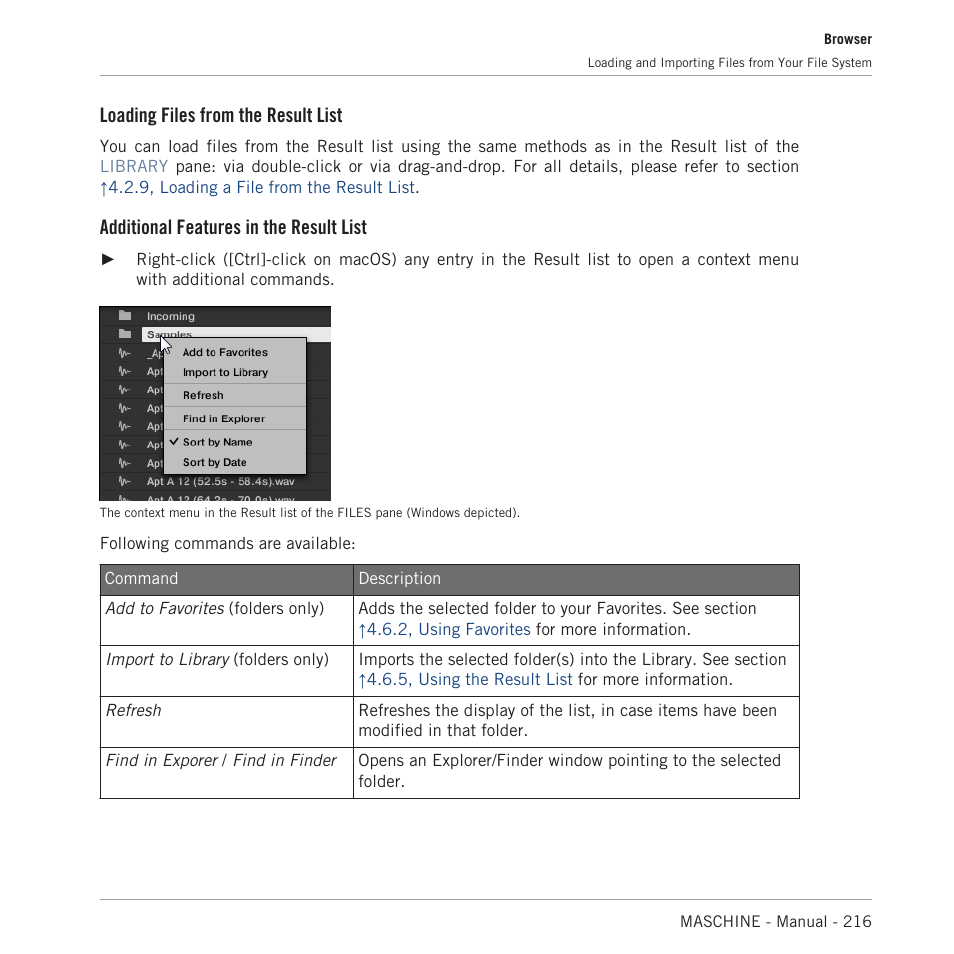 Loading files from the result list, Additional features in the result list | Native Instruments MASCHINE MK3 Groove Production Studio (Black) User Manual | Page 216 / 976