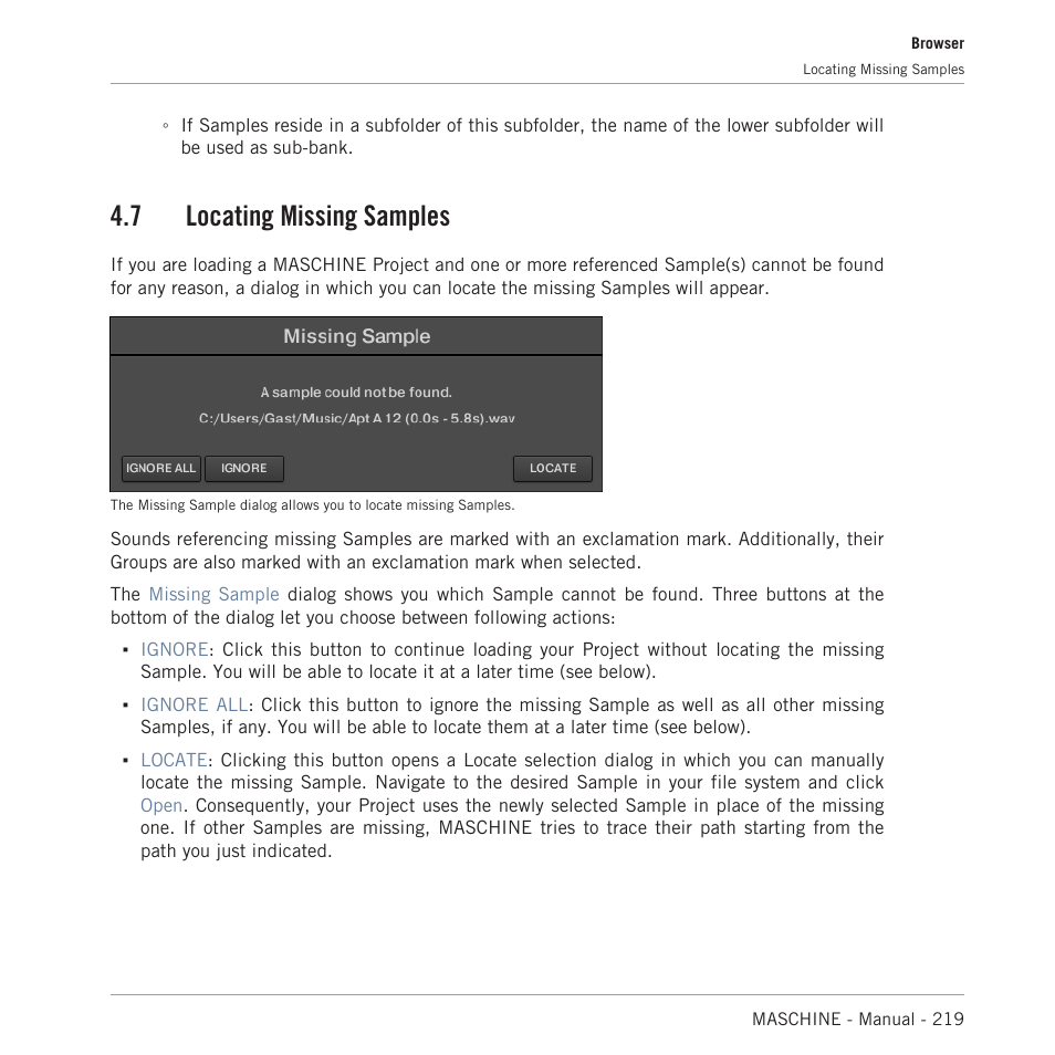 Locating missing samples, 7 locating missing samples | Native Instruments MASCHINE MK3 Groove Production Studio (Black) User Manual | Page 219 / 976