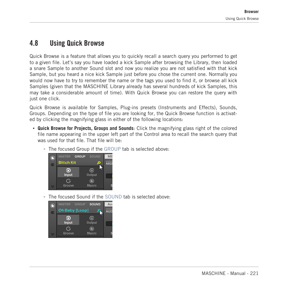 Using quick browse, 8 using quick browse | Native Instruments MASCHINE MK3 Groove Production Studio (Black) User Manual | Page 221 / 976