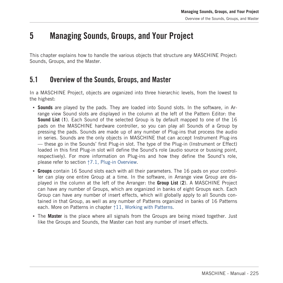 Managing sounds, groups, and your project, Overview of the sounds, groups, and master, Fer to chapter | 5, managing sounds, groups, and your project, For more information on sounds, 5managing sounds, groups, and your project, 1 overview of the sounds, groups, and master | Native Instruments MASCHINE MK3 Groove Production Studio (Black) User Manual | Page 225 / 976